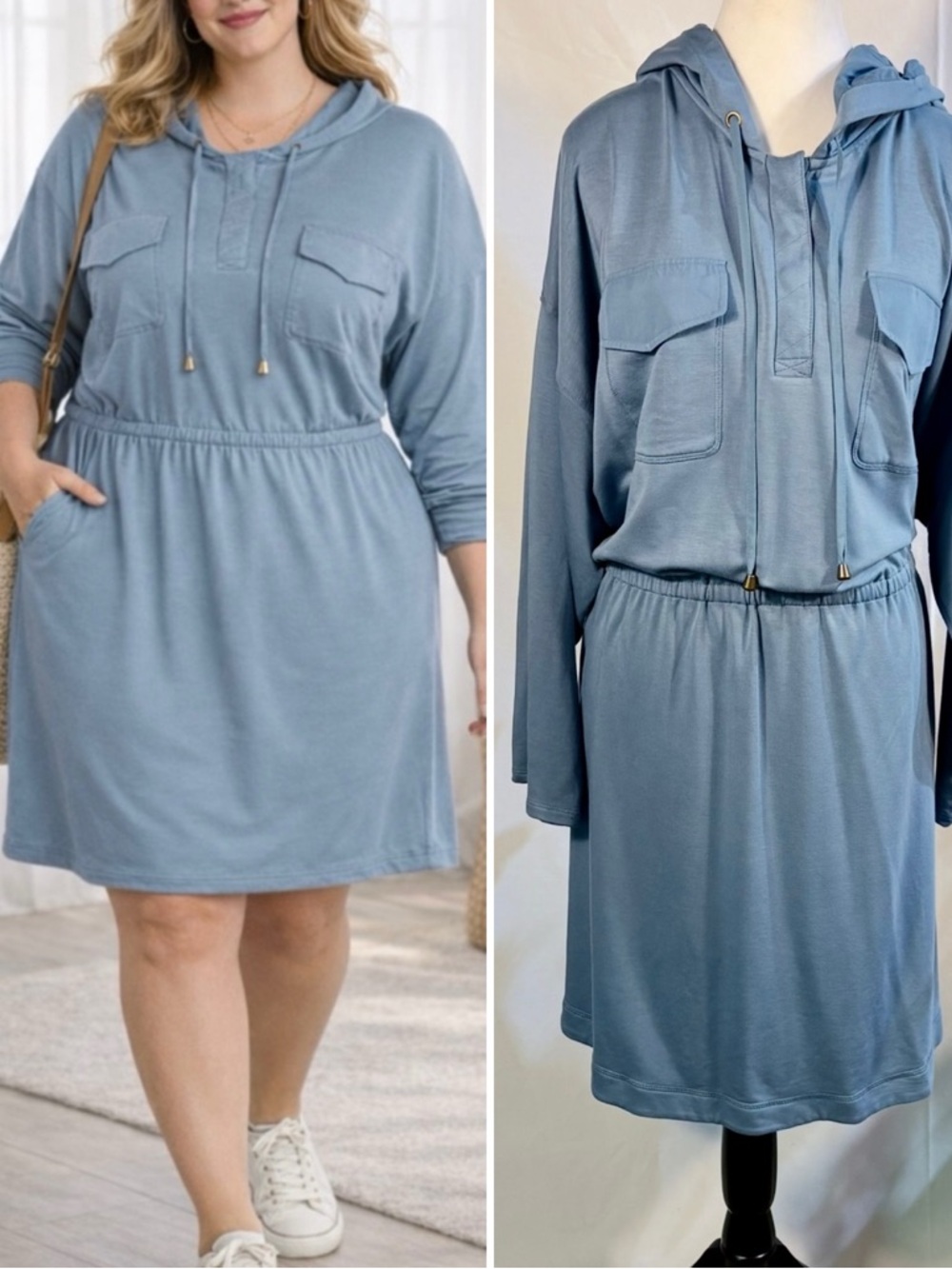Soft Surroundings Reawaken Hooded Dress Blue Long Sleeve Pockets Casual Sz 3X💛